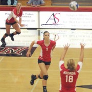 Middle blocker Casey Hinger (1) exuded confidence when asked about the Matadors’ Big-West opener at UC Riverside. She said she “can’t wait” to go to the Highlanders’ home court and “beat them.” Photo Credit: Simon Gambaryan / Daily Sundial