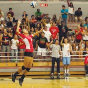Matador fans cheer on CSUN's No. 4 Mariah Counts during her serve against the BYU Cougars on Saturday. Simon Gambaryan / Daily Sundial