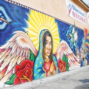 The Los Angeles City Council has decided to revise the current law on murals to allow more freedom to those who wish to have a mural on their private property. A colorful mural occupies the side wall of Juan M.'s El Mini Discount Store/T-Shirt Spot. He say's it has been up for the past year and has not had any problems with the city or taggers that would always write on the wall on a daily basis. Photo Credit: Andres Aguila / Daily Sundial