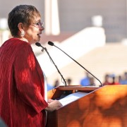 CSUN president Jolene Koester addresses faculty, staff and students at her 12th annual, and final, President's Convocation. Dr. Koester talked of accomplishments and future goals as she begins her final semester as president and the search for a new one continues. Photo Credit: Ken Scarboro / Editor in Chief