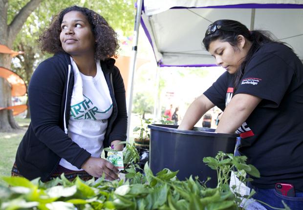 Sarah Pecle, senior food science and administration major, and Belen Herrera, sophomore urban studies planning major, help plant food at the Unified We Serve booth at the Earth Day Fair. Photo credit: Loren Townsley / Photo Editor