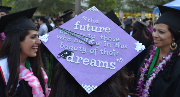 CSUN students from the College of Health and Human Development graduated on Tuesday.  Many graduates creatively customized their caps with inspiring quotes. Photo credit: John Saringo-Rodriguez / Photo Editor