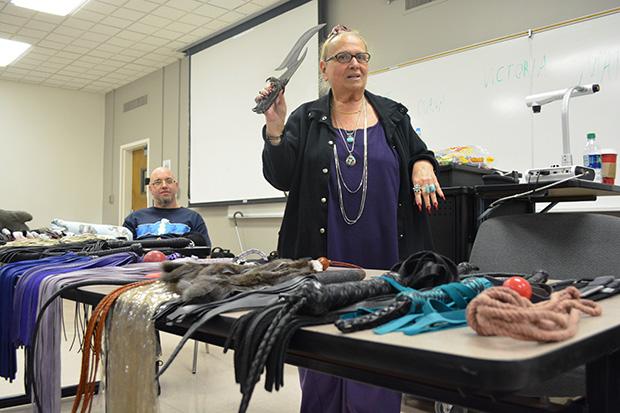 Retired school teacher and therapist, Diana Dee (Right), has been in the BDSM lifestyle for over 25 years. Count Boogie (Left) and Dee were a panelists for a BDSM presentation for a Human Sexuality class on Dec. 6. Photo credit: John Saringo-Rodriguez / Photo Editor