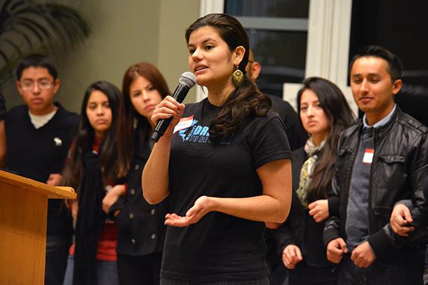 Advocate for immigrant rights, Ana Miriam Barragan, 22, a psychology and deaf studies major, thanked the crowd of over 60 people for their support and understanding as to why an undocumented resource center is needed at CSUN. Photo credit: John Saringo-Rodriguez / Photo Editor