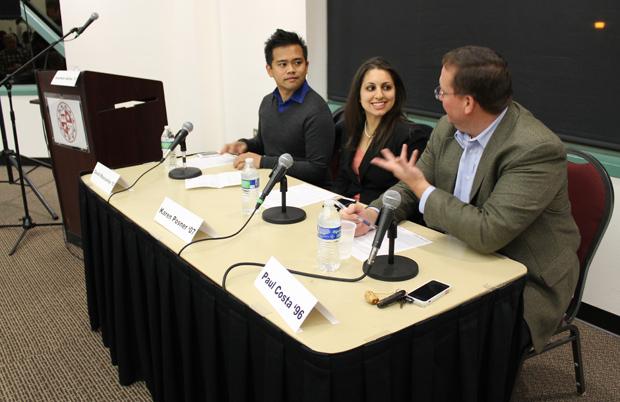 CSUN alumni David Mascarina (Left), Karen Posner (Middle) and Paul Costa (Right) were the panel of social media experts for the event at the USU. Photo credit: Abigaelle Levray / Daily Sundial