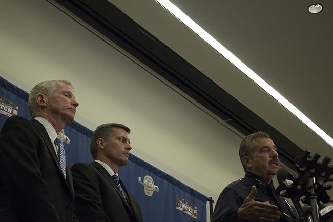 From left, LAPD Capt. Billy Hayes, F.B.I. Special Agent Terry Wade  and LAPD Chief Charlie Beck held a press conference to address the investigation into the death of CSUN student Abdullah Alkadi on Oct. 20, 2014. Alkadi went missing on Sept. 17, 2014, and his body as found in Palm Desert on Oct. 16, 2014. Photo credit: Trevor Stamp