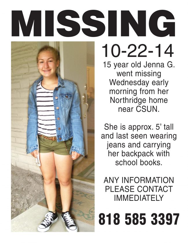 Jenna Grant, a 10th grader at Cleveland High School, was believed to have run away from her home near Zelzah Avenue and Prairie Street at 5:30 Wednesday morning.