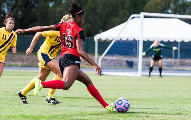 Leandra Walker gets an assist in the second half off of Camille Watson's goal, to give the Matadors a 3-2 lead. Photo credit:Kelly Rosales/ Contributor