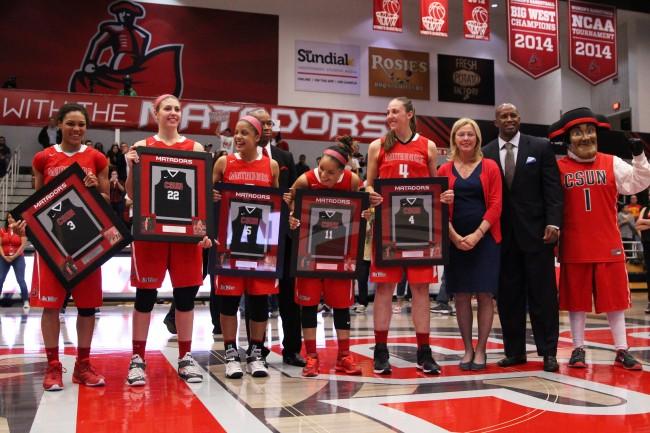 The Women's Basketball seniors (left to right) Janae Sharpe, Randi Friess, Ashlee Guay, Cinnamon Lister and Camille Mahlknecht were honored following the Matadors' game against Long Beach on March 5, 2015. (Trevor Stamp / Multimedia Editor)