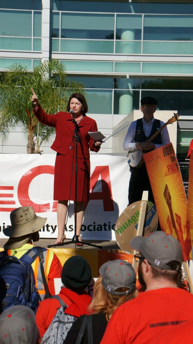 California State Assembly Speaker Toni Atkins addresses the crowd at Tuesday's CFA demonstration in Long Beach. Nov. 17, 2015. Photo Credit: Nicollette Ashtiani