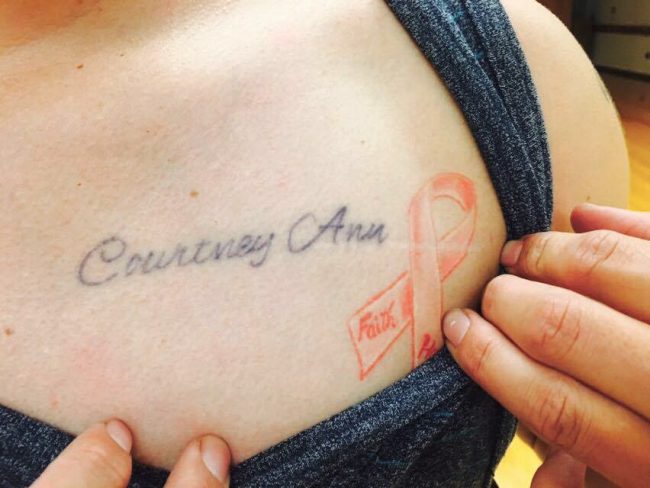 At the age of eighteen, Greg Triana got his sister's name written in script across his heart and a breast cancer ribbon for his aunt. (Ashley Grant/ The Sundial) Photo credit: Ashley Grant