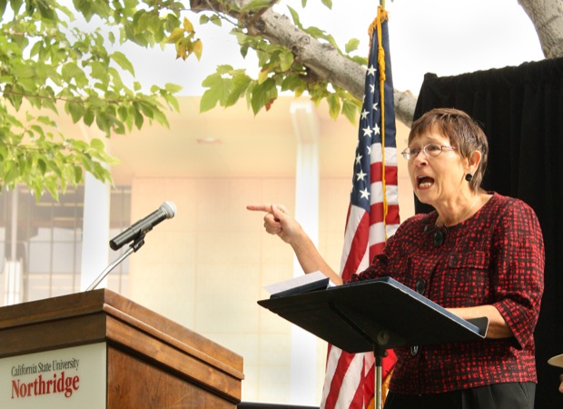 President Jolene Koester addresses the campus community during the Presidents Annual Convocation and Welcome Back Coffee, Thursday August 20. Photo Credit: Hannah Pedraza / Photo Editor