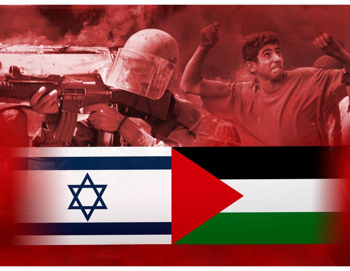The flags of Israel and Palestine with photos of an armed Israeli soldier and an angry youth. Photo Illustration by Kurt Strazdins / MCT