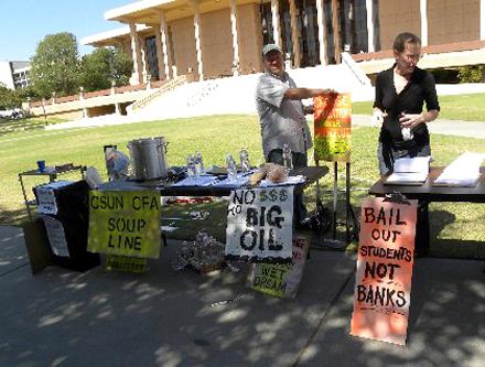 The California Faculty Association (CFA) had a soup line and symbolic trash can for faculty to dispose of copies of their paychecks in protest of their ten percent pay cut. The protest took place on the Oviatt Lawn, Thursday Oct. 1. Photo Credit: Pam Tapper / Staff Reporter