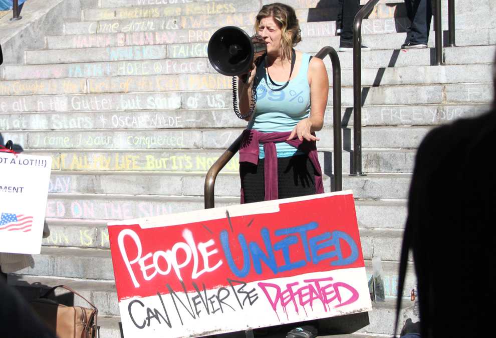 A+woman+standing+on+the+steps+of+Los+Angeles+City+Hall+speaks+to+occupiers+on+Friday%2C+November+11.+Photo+Credit%3A+Tessie+Navarro+%2F+Visual+Editor