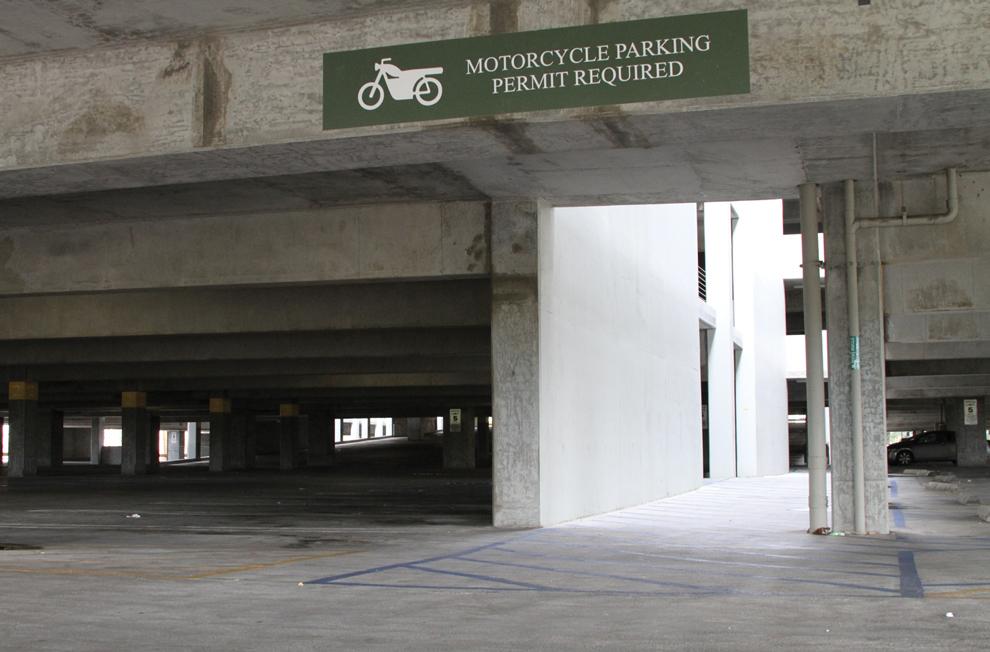 Designated parking areas for motorcycles can be found in the B3 parking structure, as well as other structures on campus. Photo Credit: Tessie Navarro / Visual Editor