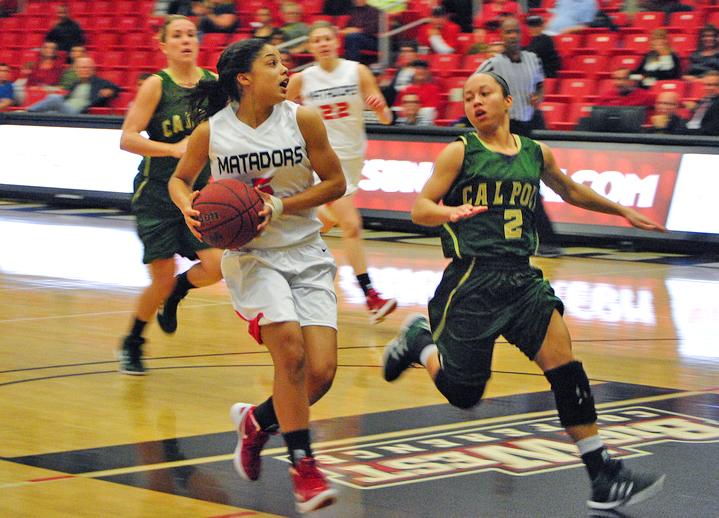 Freshman guard Ashlee Guay, middle, is six steals away from breaking a CSUN record. Photo Credit: Andres Aguial / Senior Photographer.