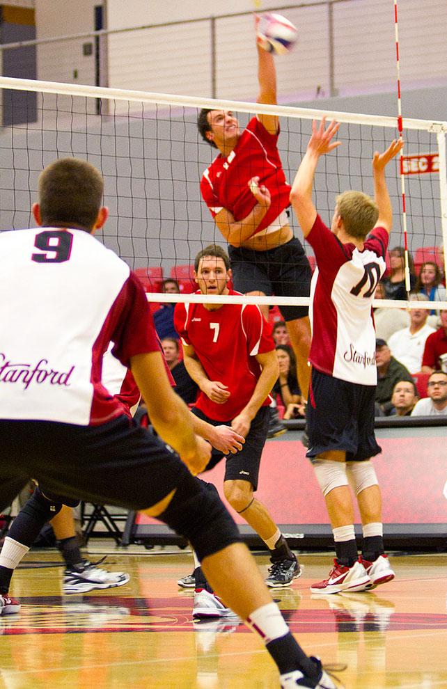 Opposite Julius Höefer goes for a kill vs. Stanford on Feb. 11. He did not play in the Matadors loss to UC Irvine Wednesday night. 