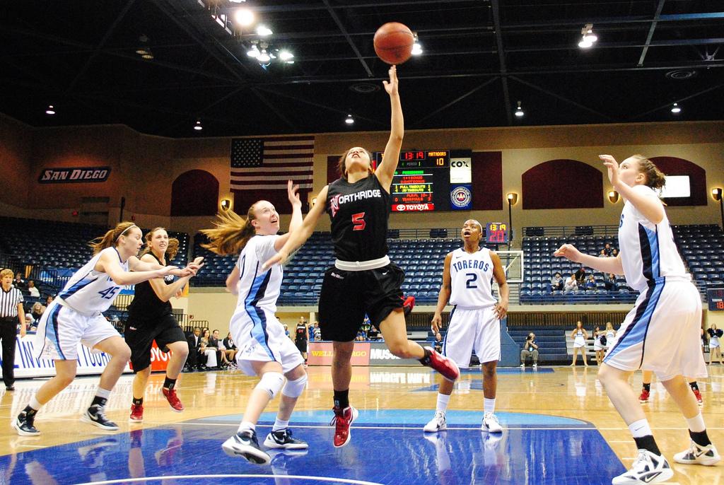 Matador guard Ashlee Guay goes up for a layup during the game against University of San Diego Friday night. Though the freshman guard scored 17 points, it wasnt enough as CSUN fell to the Toreros 60-58. Photo Credit: Andres Aguila / Senior Photographer