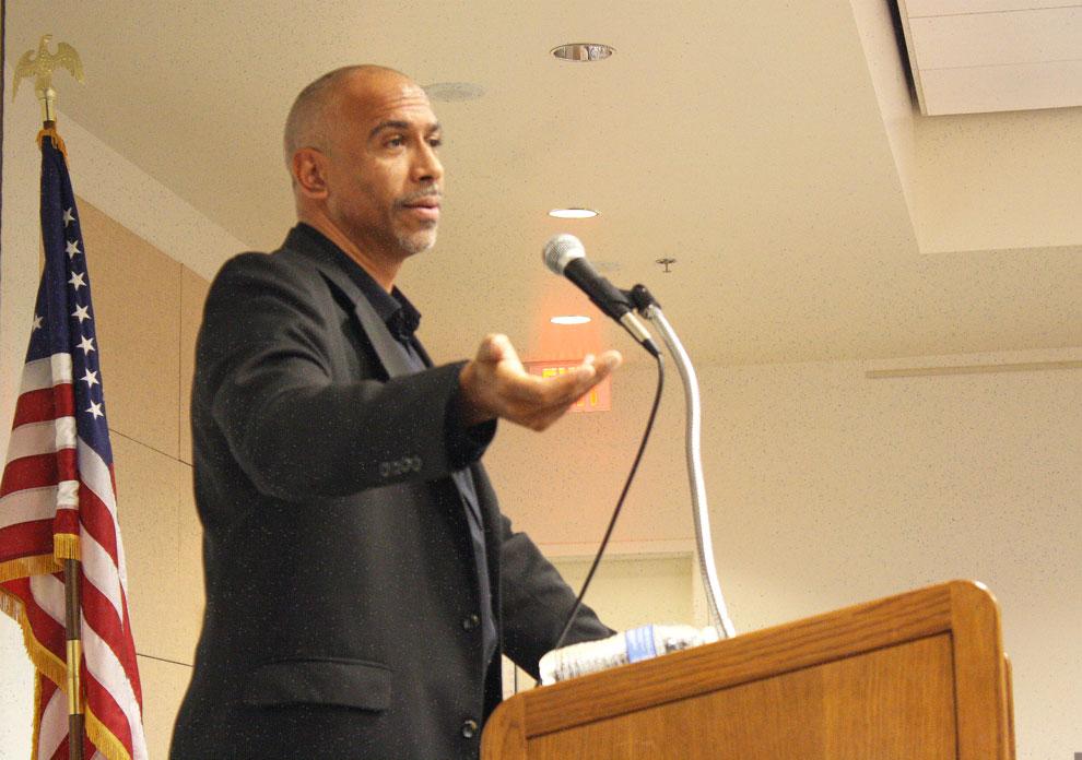 Dr. Pedro Noguera speaks at his lecture Education, Power and Social Change in the Presentation Room of the Oviatt Library, Monday. Photo credit: Mariela Molina / Photo Editor