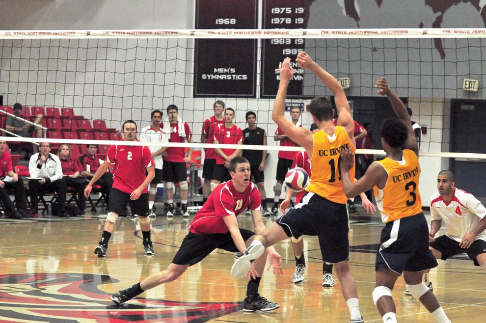 Matador Jared Moore goes for a dig Wednesday night at the Matadome. CSUN hit a modest .287 for the night, but the Anteaters hit .500 and swept the Matadors. Photo Credit: Mariela Molina / Photo Editor