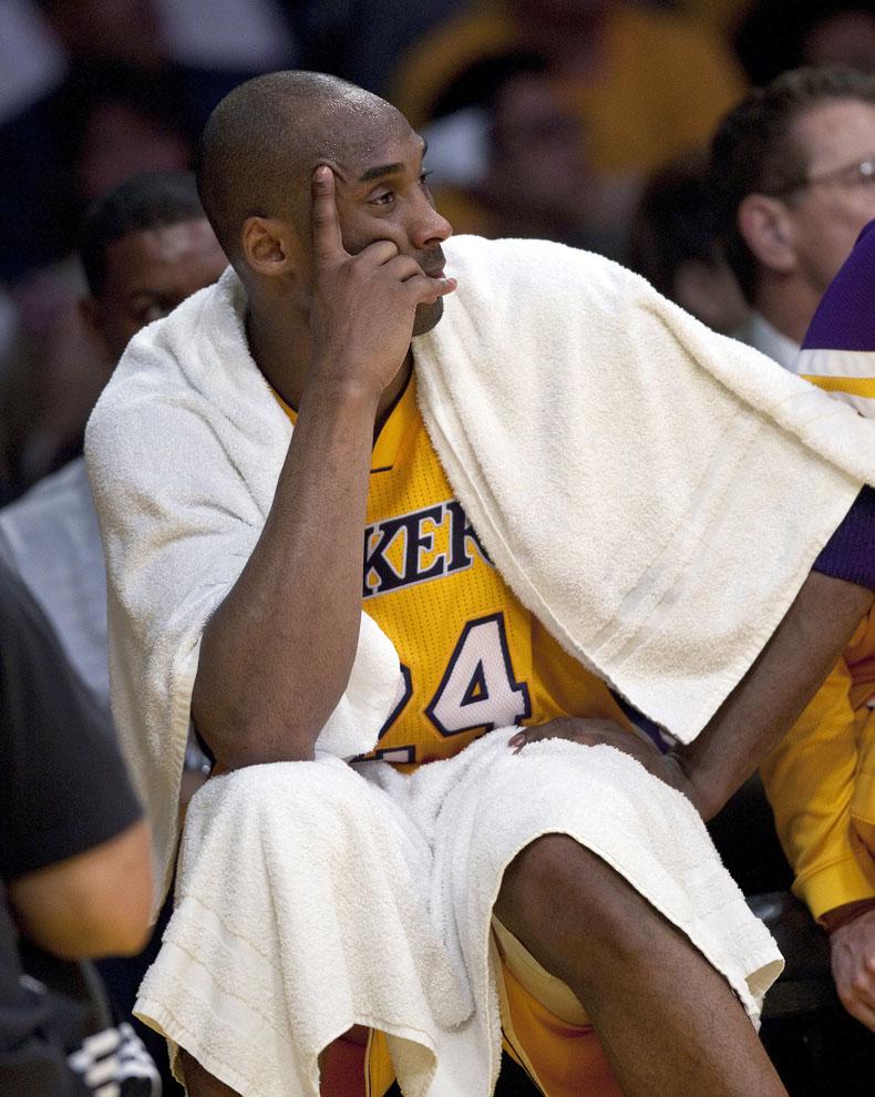 Lakers guard Kobe Bryant sits on the bench during a game against the Hornets at Staples Center on March 31. Bryant is slated to miss a third consecutive game tonight at San Antonio as he continues to recover from a bruised shin injury. If the Lakers want to make a deep postseason run, Bryant should get a few more nights off before the playoffs start. Courtesy of MCT