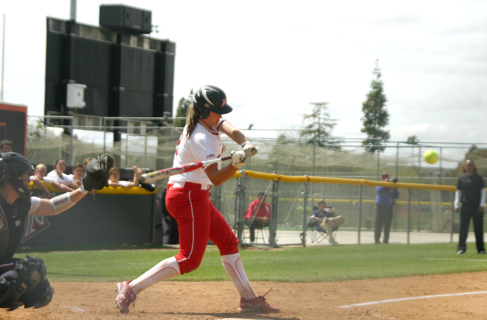 CSUN catcher Mikayla Thielges gets ready to swing at a ball in a game against Oregon State on March 28. Thielges and the Matadors will head to San Luis Obispo to face Cal Poly in a three-game series this weekend. Photo credit: Yoko Maegawa / Contributor