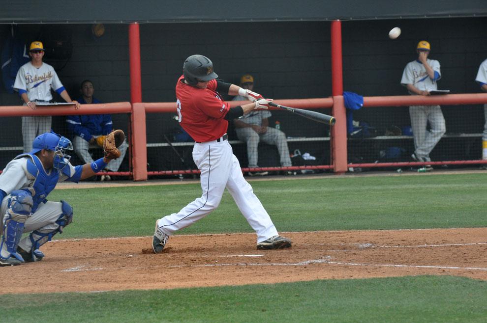 CSUN+shortstop+Kyle+Attl+blasts+one+of+the+three+solo+home+runs+the+Matadors+had+Tuesday+afternoon+against+Cal+State+Bakersfield.+Photo+credit%3A+Samuel+Albarran+%2F+Contributor