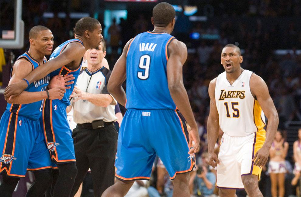 The Lakers’ Metta World Peace (15) prepares to defend himself against the Thunder after he delivered an elbow to the head of guard James Harden at the Staples Center Sunday. World Peace was ejected on the play and received a seven-game suspension from the NBA on Tuesday. The Lakers should consider themselves lucky that he’s not gone for the entire playoffs. Courtesy of MCT