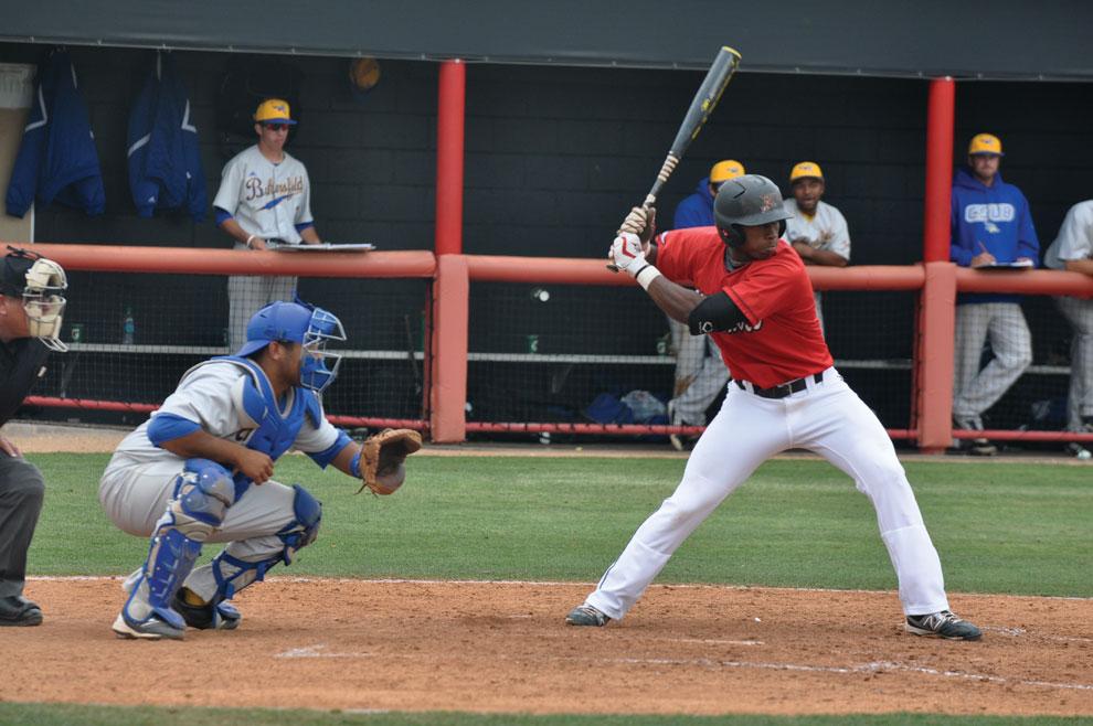 CSUN+outfielder+Miles+Williams+waits+for+a+pitch+during+a+game+against+Bakersfield+Tuesday.+The+Matadors+start+a+series+against+LBSU+Friday.+Photo+credit%3A+Samuel+Albarran+%2F+Contributor