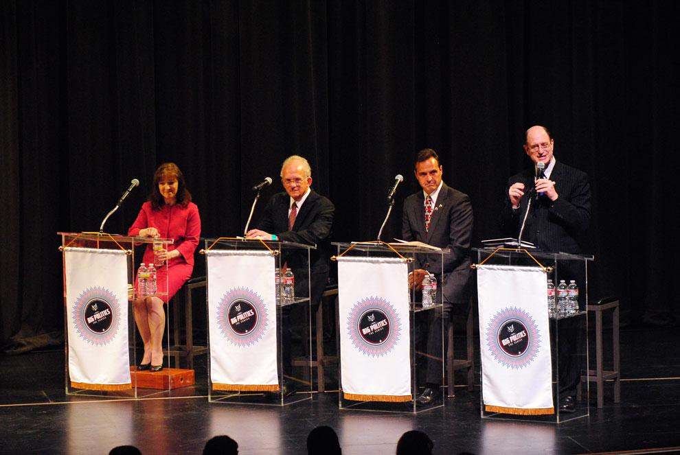 (Left to right) Susan Shelley, Congressman Howard Berman (28th District), Mark Reed and Congressman Brad Sherman (27th district) during the National Congressional Debate at the Valley of Performing Arts Center on April 30. Photo credit: Andres Aguila / Daily Sundial