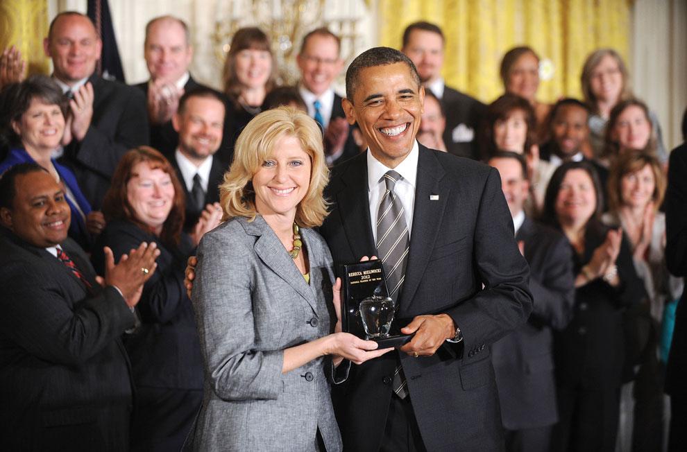 U.S. President Barack Obama honors the 2012 National Teacher of the Year Rebecca Mieliwocki in the East Room of the White House in Washington, DC, April 24, 2012. Courtesy of MCT