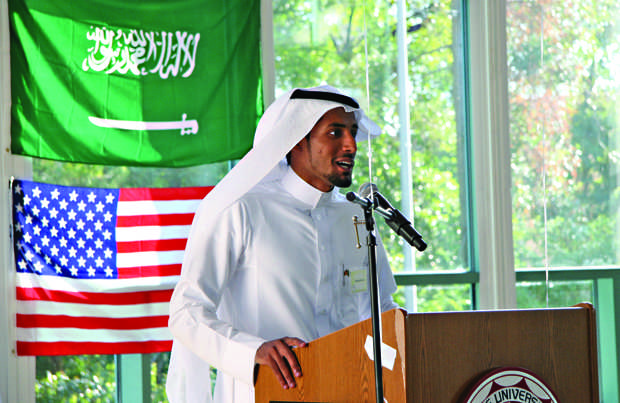 Abdulaziz Aljaman, 26, MSE major and current CSUN Saudi Students Association president, addresses and thanks the crowd for attending the 82nd annual Saudi National Day on Friday at the USU. Ethnic food and live dance were among the list of activities offered to those in attendance. Photo credit: Leah Oakes/ Contributor