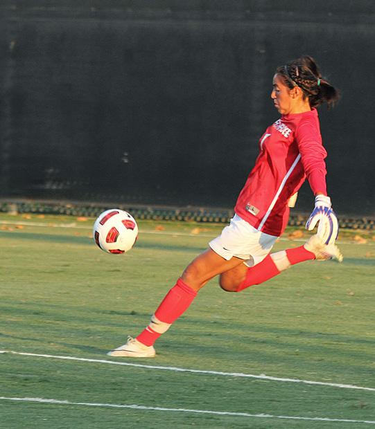 CSUN goalie Cynthia Jacobo clears the line. She was named CSUN’s team MVP. File Photo / Daily Sundial