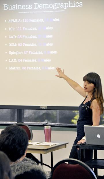 Jennie Ketcham, ex-adult film star, current CSUN student and author,  discussed the industry during a lecture, Tuesday. The chart above shows the number of men and women signed to various modeling agencies. Photo by: Leah Oakes / Daily Sundial 