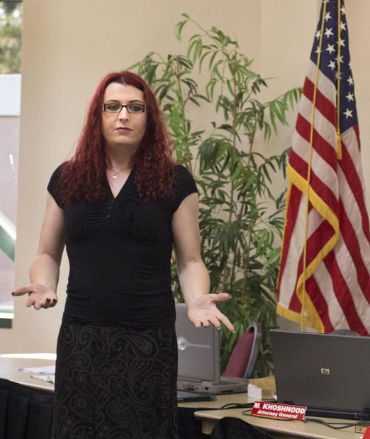 Cadence Valentine, a psychology major and transgender advocate, gives a workshop on transgender equality to the A.S. senators during their meeting in the Thousand Oaks room on April 26. Photo credit: Trevor Stamp / Contributor