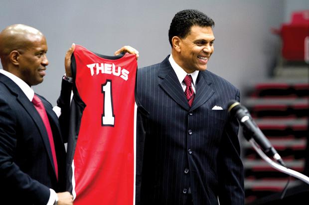 Athletic Director, Dr. Brandon Martin, welcomes the new mens basketball coach, Reggie Theus, to CSUN during a press conference at the Matadome. Theus, previous coach of the Sacramento Kings, succeeds Bobby Braswell following a 14-17 season. Photo credit by Charlie Kaijo / Senior Photographer