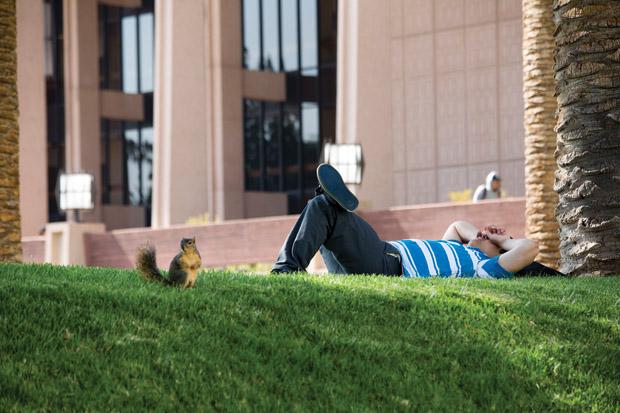 CSUN student napping between class in front of the Oviatt Library. Photo credit by Ivanna Valdivia
