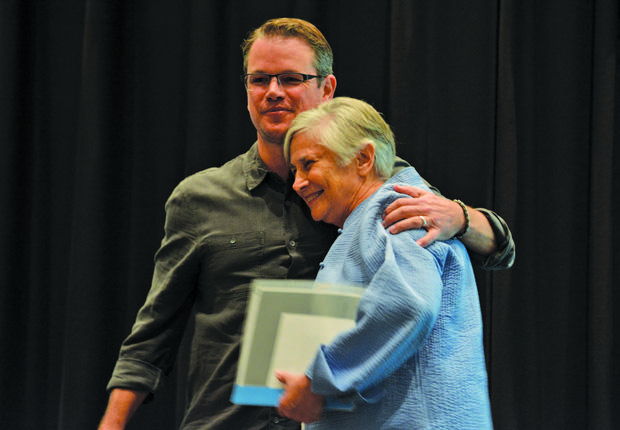 Matt Damon and Dr. Diane Ravitch embrace at the "Education on Edge" speaker series. Dr. Ravitch an avid advocate for education, spoke of her experiences and promoted her book "The Reign of Error."