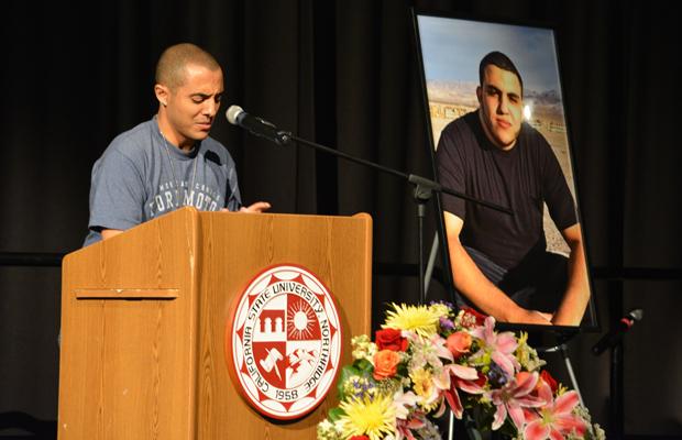 Eman Morgan shed a tear while speaking of his best friend, Ahmed Michael Jabali, at his memorial service that took place at the Northridge Center on Monday night. Jabali passed away at the Student Recreational Center on Sept. 30. Photo credit: John Saringo-Rodriguez / Photo Editor 