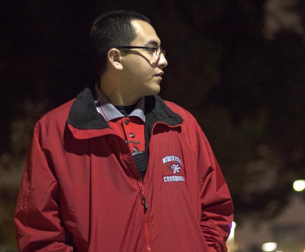 Peter Sanchez, 21, a junior criminology major, and coordinator for Community Service Assistants, is a member of the Matador Patrol, a volunteer service that escorts students walking around the campus at night. Photo credit: Trevor Stamp / Daily Sundial