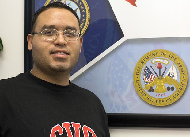Tomas Diaz, 28, senior business and supply chain major, is an Army reservist and vice president for the Student Veteran Organization. Diaz served in Afghanistan. Photo credit: Trevor Stamp / Daily Sundial