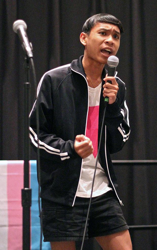Sophomore humanities major and queer studies minor, Timothy Nang performs poetry during the "T is No Longer Silent" event at the Northridge Center, USU on Thursday evening. Photo credit: Lucas Esposito / Daily Sundial