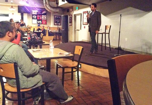 Comedian Fahim Anwar talks about his troubles with the ladies to guests at Operation Comedy, hosted by the Student Veteran Organization at CSUN's Pub Sports Grill. Photo credit: Michelle Dominguez