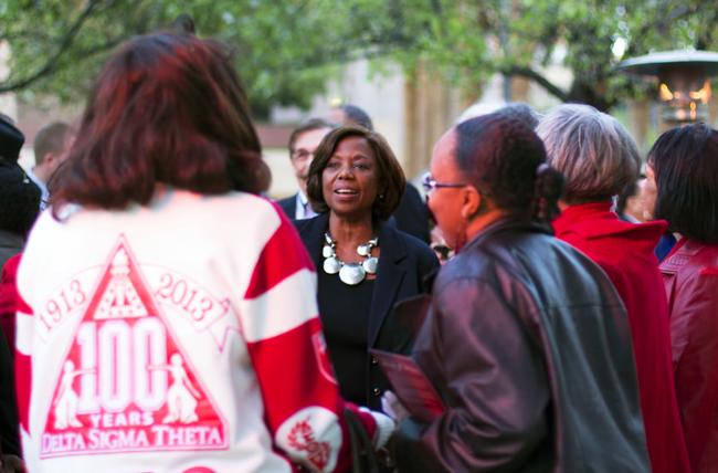 Former CSUN president, Dr. Blenda J. Wilson, sings with her Delta Sigma Theta sorority sisters after the dedication ceremony honoroing Dr. Wilsons role as president during the 1994 Northridge Earthquake. Dr. Wilson was hailed as one of the driving forces that kept the school in operation despite the major damage it suffered as a result of the earthquake. Photo credit: Trevor Stamp / Daily Sundial