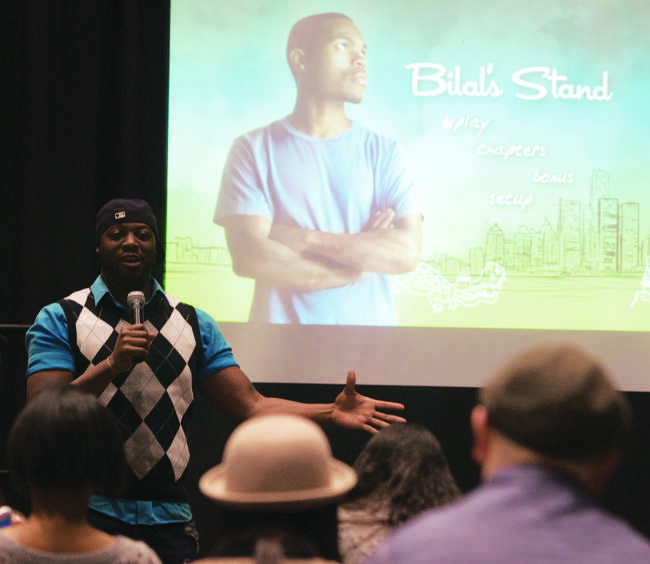 Writer/director Sultan Sharrief talks about the difficulty of getting his film financed to a crowded room at the Northridge Center. Bilals Stand was presented as one of the offerings for Black History Month.