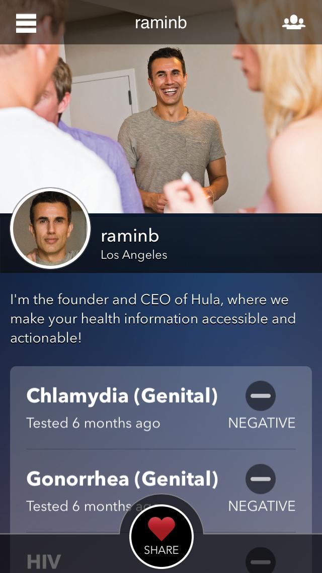 Private profiles in the app appear zipped. Once you’re given access, you can see the person’s photos as well as their STD record and last test dates. | Courtesy of Ramin Bastani, Hula 