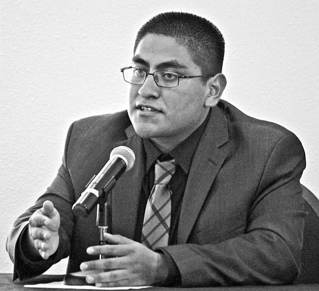 Jesus Martinez Ramirez, president candidate for the "Student Success" platform, speaks during the A.S Presidential Debate, Monday, in the Flintridge Room at the USU. Election days will be on April 1st and 2nd, and there will be on-campus polling locations. Photo Credit: Lucas Esposito / Daily Sundial
