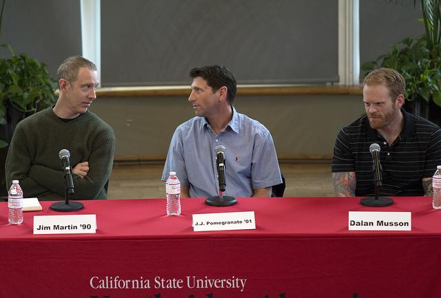 The video game panel included (from left): Jim Martin, visual development artist, J.J. Pomegranate, video game producer and Dalan Musson, video game screenwriter on March 26, 2014, in the Grand Salon. Photo credit: Trevor Stamp / Daily Sundial 