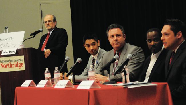 During a healthcare panel titled "Inside the Health Industry," CSUN alumni gathered to discuss information concerning healthcare. It was moderated by Brian Malec. The panel included George B. Higgins, Richard D. Trogman, Terry L. Smith and Gregory B. Adamczak.